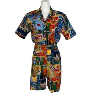 Vintage Romper by Water Water Every Wear M Floral Shoulder Pads Hawaiian Retro